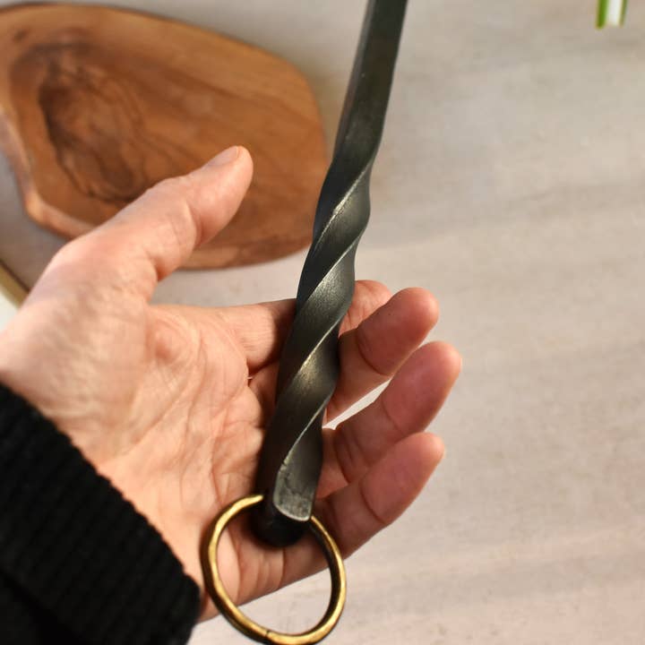 Coach House Forge – wholesale Fire pit – Handforged Iron 'Barley Twist' Poker with Bronze Hook Ring2