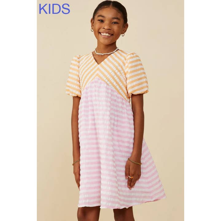 PINK Girls Color Blocked Mixed Seersucker Stripe Dress for wholesale on Faire