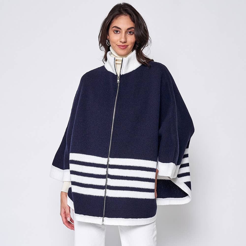 Sensibling Corp. - Wholesale Poncho - Women's - Sporty Bordered Zip Up Knit Cape Poncho13