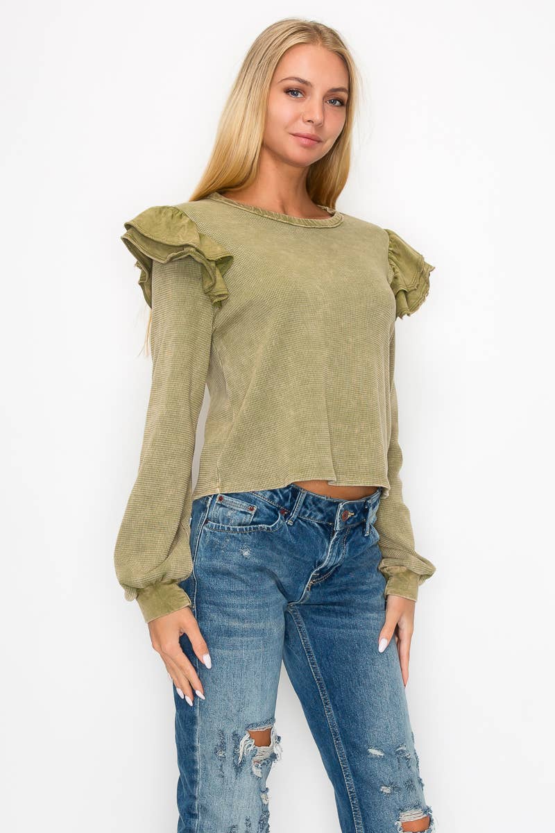J.Her - Wholesale Blouse - Women's - Mineral Wash Ruffle shoulder top HT50451