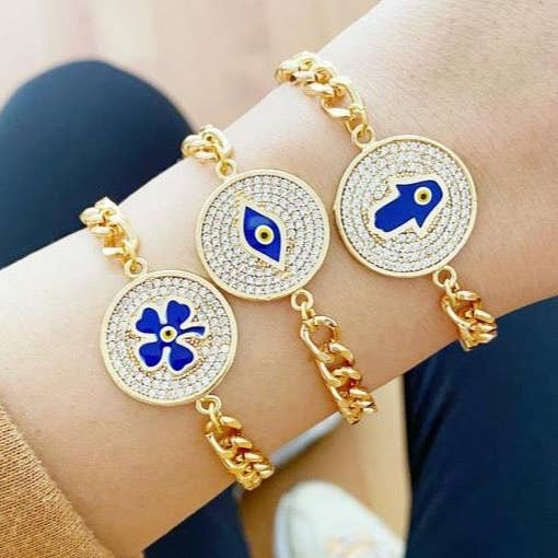 Lucky Evil Eye Bracelet, Gold Link Chain Bracelet, Clover Hand Of Fatima for wholesale by Evileyefavor