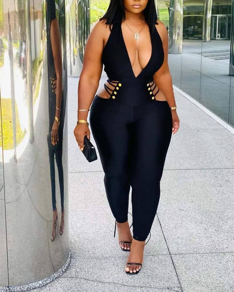 Fashion Combination - Wholesale Jumpsuit - Women's - plunging halter backless cutout skinny jumpsuit8