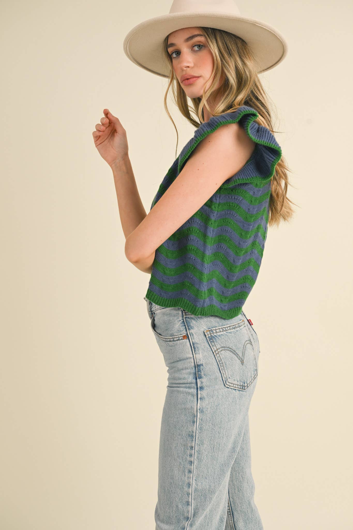 &MERCI - Wholesale Knit Sweater - Women's - WAVY STRIPES FLUTTER SLEEVE SWEATER TOP MSW1050991