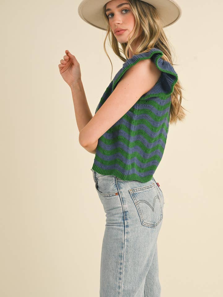 &MERCI - Wholesale Knit Sweater - Women's - WAVY STRIPES FLUTTER SLEEVE SWEATER TOP MSW1050991