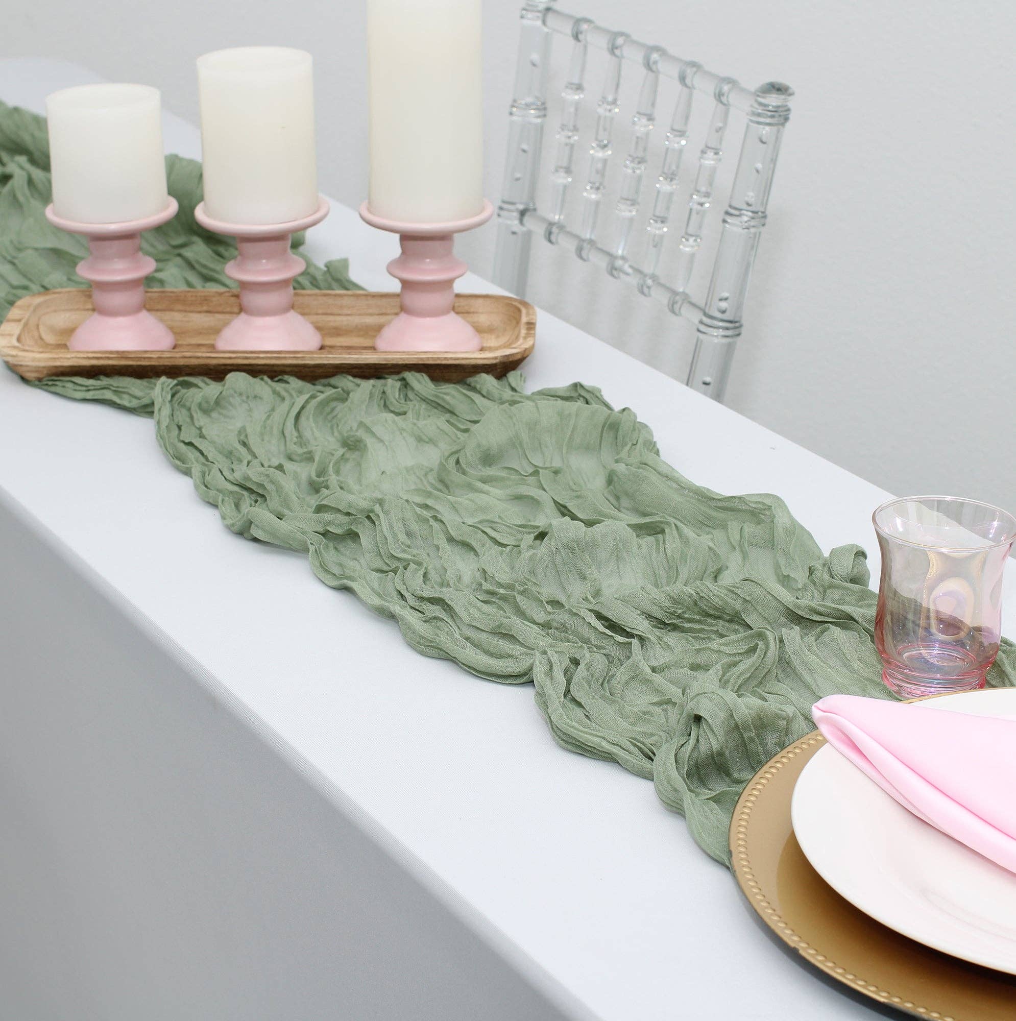 YOUR CHAIR COVERS - Wholesale Table Runner - 35 in X 10 ft Gauze Cheesecloth Table Runner Sage1