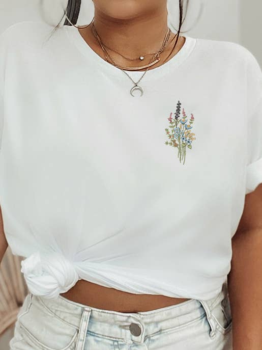 Maglietta da donna con ricamo di fiori di campo per la vendita all'ingrosso da parte di Prettysucks