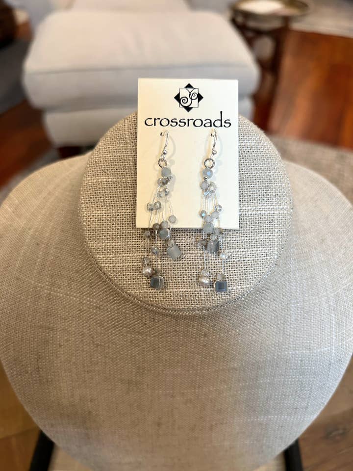 Grey Toned Silk Earrings with Pearls and Crystals SterlingĀ for wholesale by Crossroads Accessories Inc