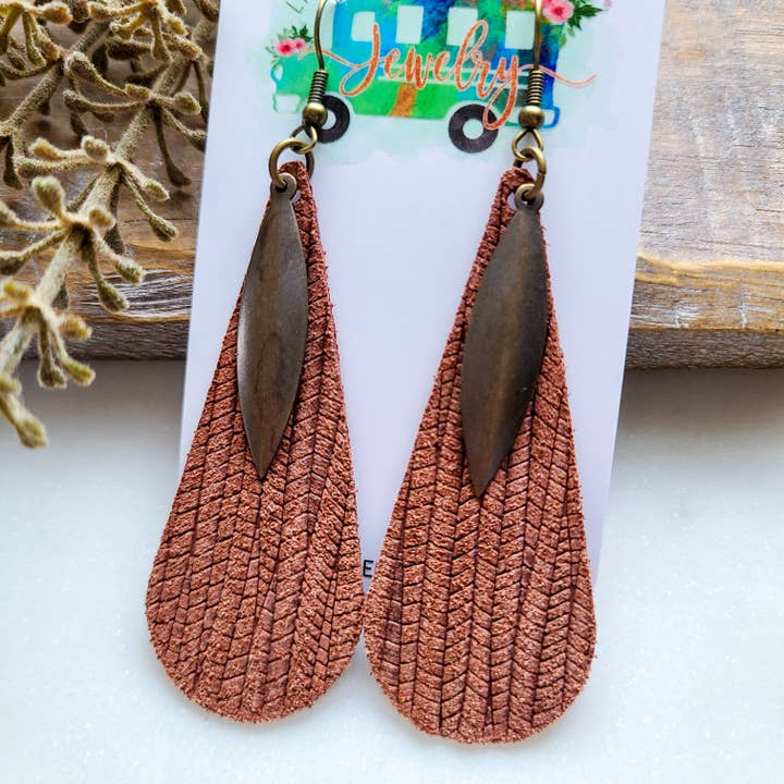 'It's Raining Pumpkin Spice' Raindrop Leather Earrings for wholesale by LITTLE BLUE BUS JEWELRY