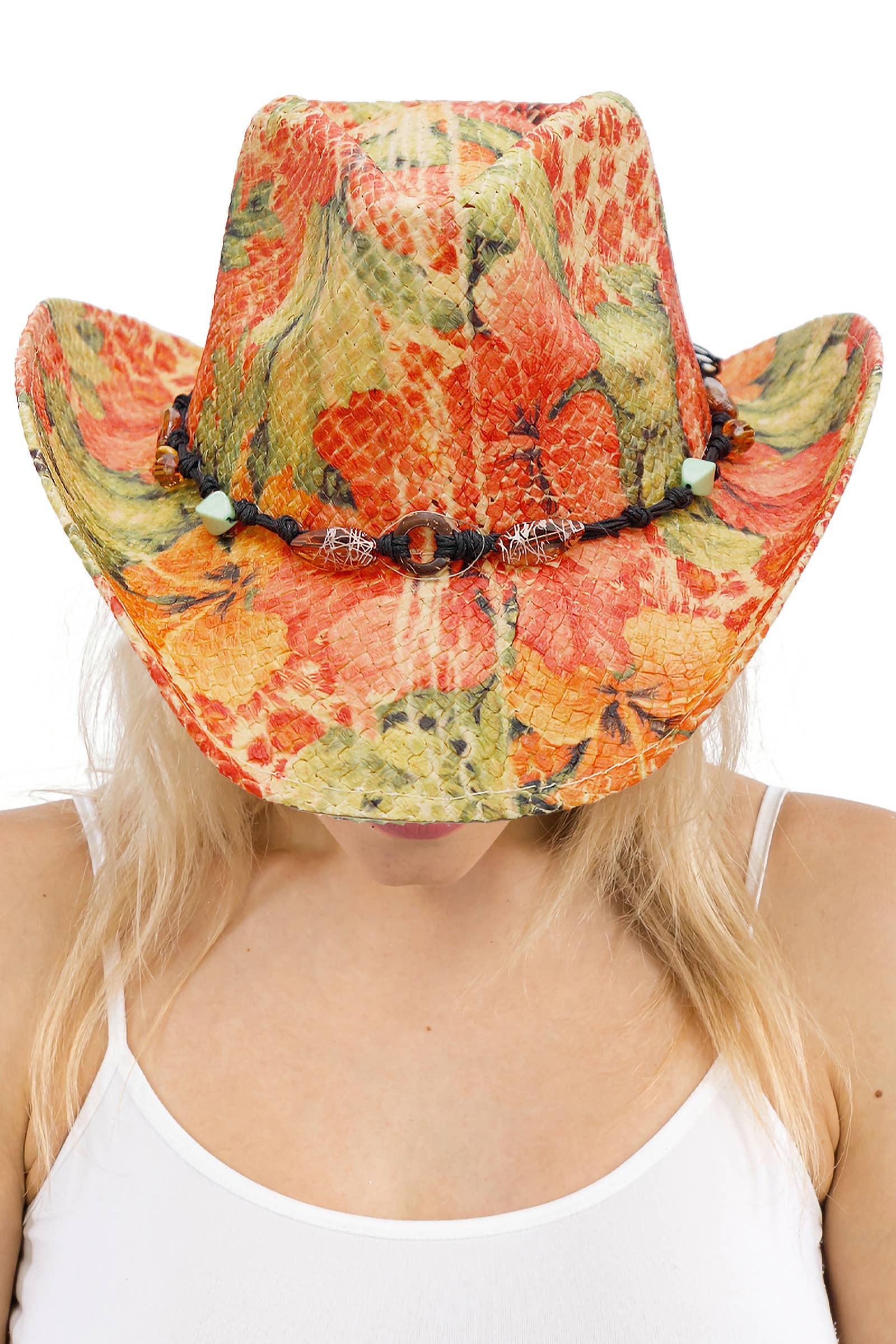 Cap Zone - Wholesale Cowboy Hat - Women's - Floral Print Raffia Paper Straw Cowboy Hat6