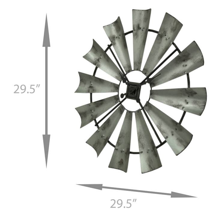 Zeckos – Großhandel Wanduhren – 30-Zoll-Wanduhr mit Windmühlenmotiv aus Metall in Distressed Grey3