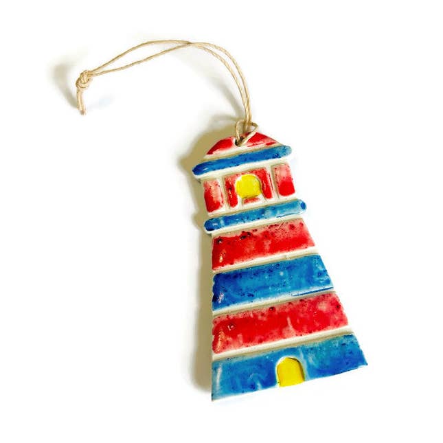 Painted Lighthouse Ornament Handmade for wholesale by Sassy Sacha Jewelry