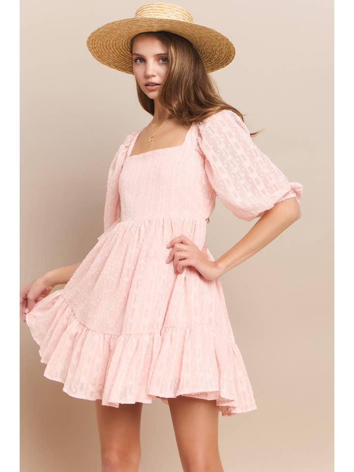 WISTERIA LANE - Wholesale Dress - Women's - SQUARE NECK A-LINE BABYDOLL DRESS W/BACK TIES PINK