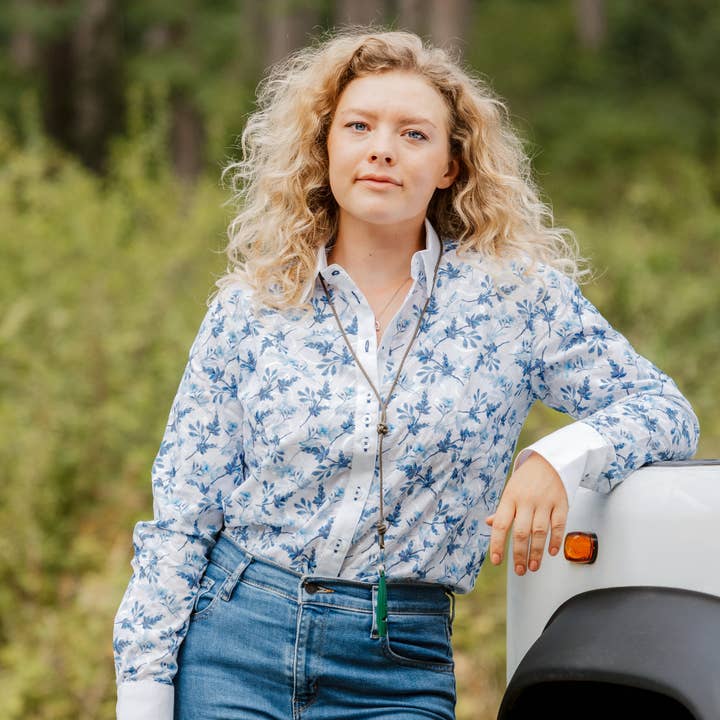Salamander Shirts Ltd - Wholesale Button Down Shirt - Women's - Grenouille Long Sleeve Blue Floral Embroidered Darted Shirt