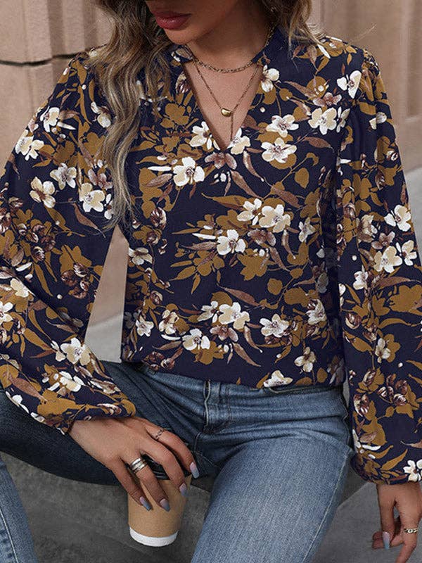 NAVY BLUE Long Sleeves Loose Flower Print V-Neck Blouses&Shirts Tops for wholesale on Faire3