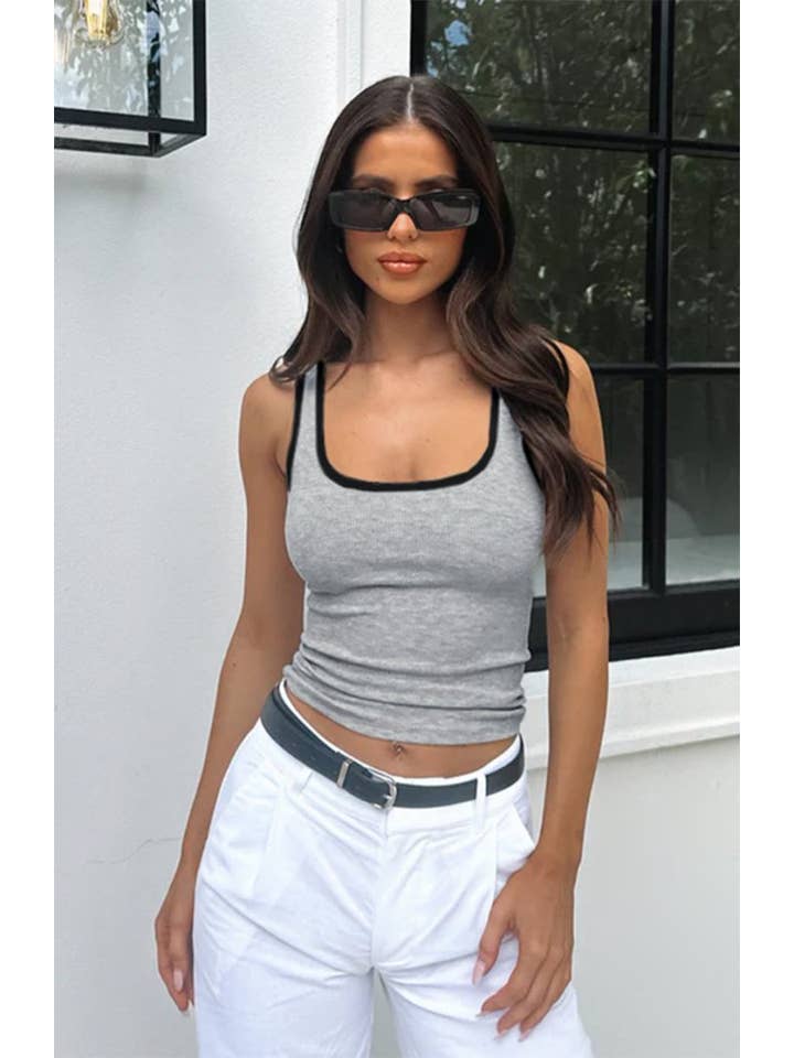 Anna Kaci Wholesale - Wholesale Tank Top - Women's - Ribbed Square Neck Tank Top with Contrast Trim
