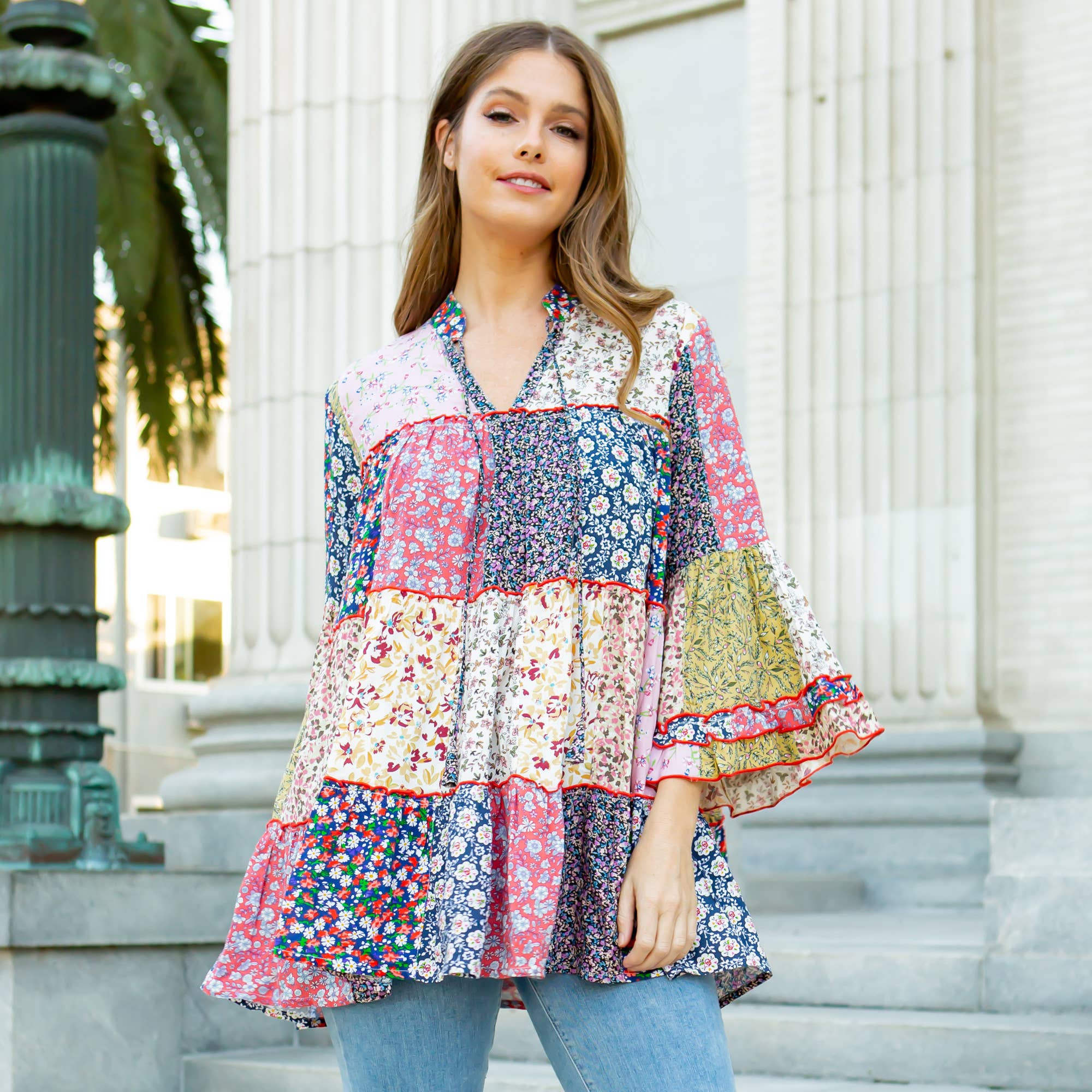 Multicolor Túnica de Patchwork Floral Multicolor Boho con Capas EN TALLA GRANDE de venta al por mayor en Faire7