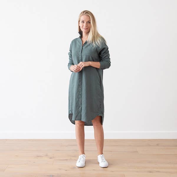 LinenMe - Wholesale Dress - Women's - Linen Shirt Dress Balsam Green Paula, knee lenght1