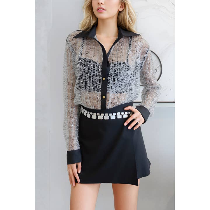 Chemise à sequins boutonnée X9342CT pour la vente par XHHH Inc