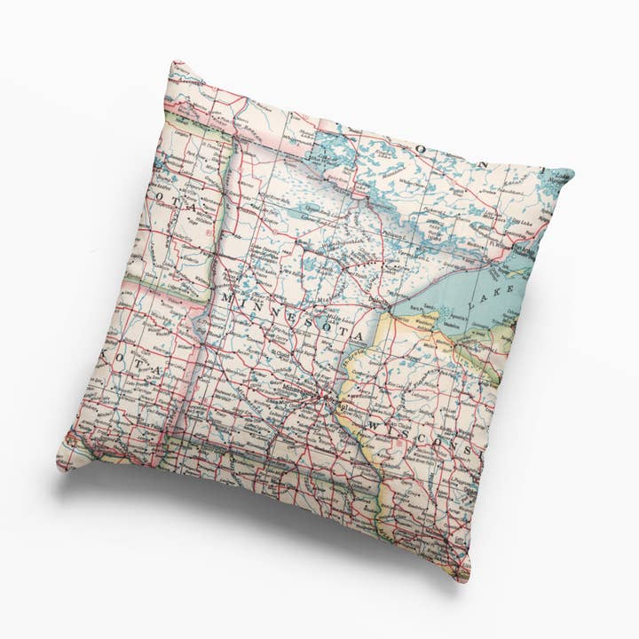 Minnesota Vintage Map Pillow – 18" Square Throw Pillow for wholesale by Daisy Mae Designs
