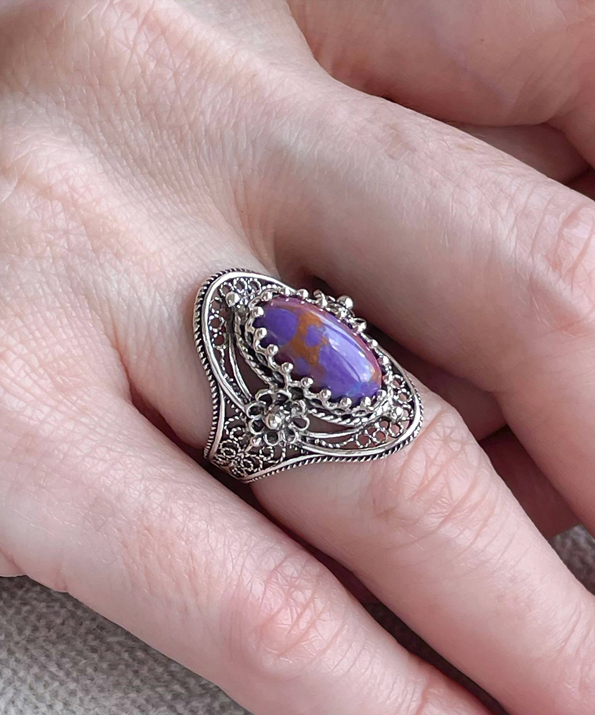 Filigranist Jewelry - Vente Bague de cocktail/de cérémonie - Bague de cocktail en argent sterling pour femme en forme de filigrane Mojave, turquoise, pierre précieuse7