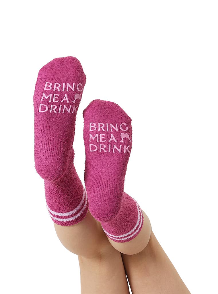 Living Royal - Wholesale Socks - Unisex - Fuzzy Crew Socks w/ Bottom Grip Phrase - "Bring Me a Drink"0