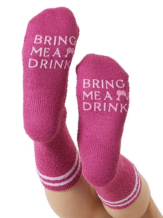 Fuzzy Crew Socks w/ Bottom Grip Phrase - "Bring Me a Drink" for wholesale by Living Royal