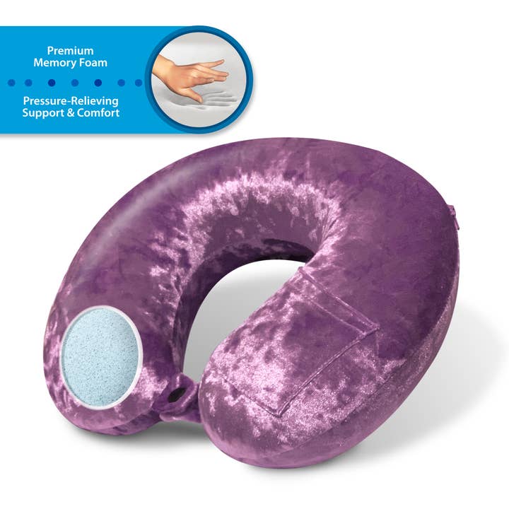 Cloudz - Wholesale Travel Pillow - Cloudz Crushed Velvet Memory Foam Travel Neck Pillow- Purple