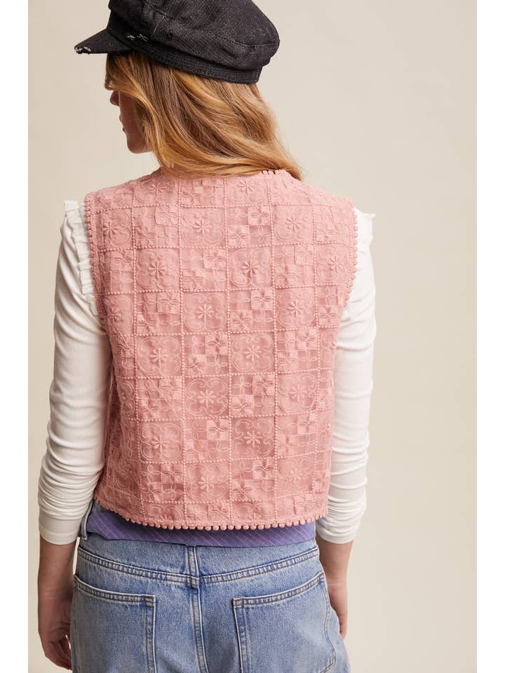 Listicle - Wholesale Outerwear Vest - Women’s - Embroidered Lace Tie-Front Vest LVT00919