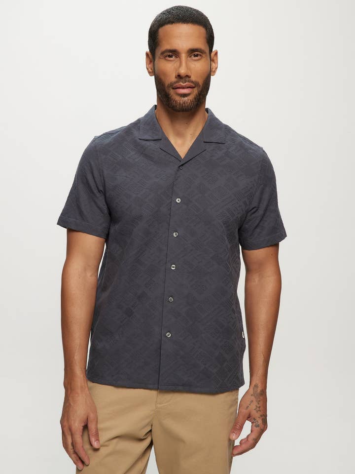 Tonal Jacquard SS Camp Shirts in Slate for wholesale by Julian & Mark