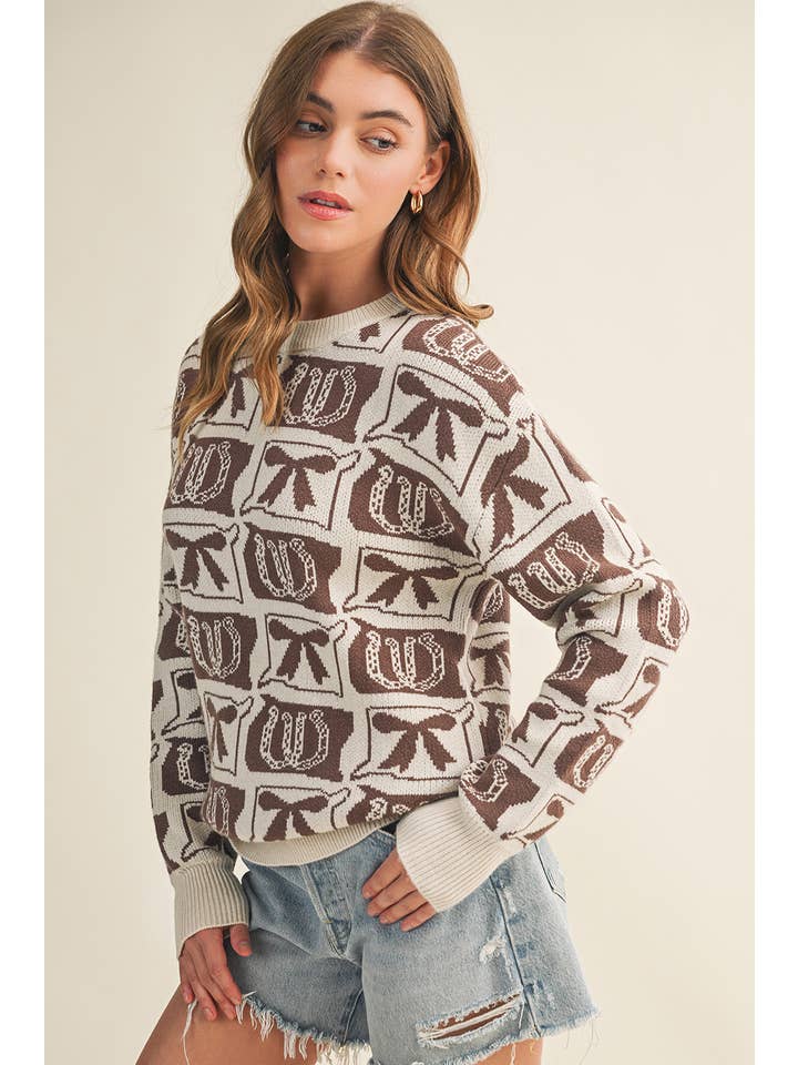 Aapparella - Wholesale Knit Sweater - Women's - Bows & Horseshoes Fashion Western Pattern Sweater | S-4X3