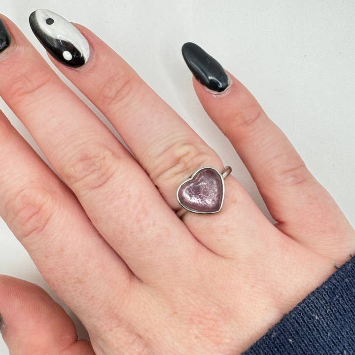 Oils and Auras - Wholesale Single Stone/Solitaire Ring - Lepidolite Heart Ring - Adjustable Crystal Ring