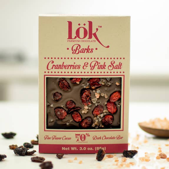 Cranberries and Pink Salt Chocolate Bark for wholesale by Lök Foods