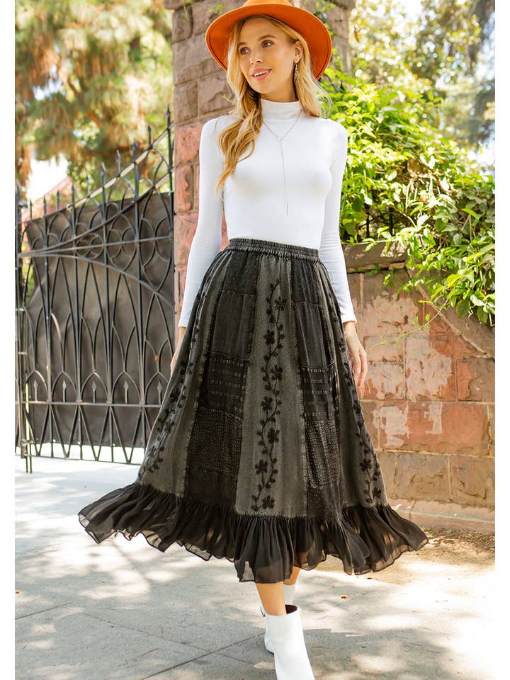 Young Threads - Wholesale Skirt - Women's - Women Patchwork Embroidered Maxi Skirt With Side Pockets7