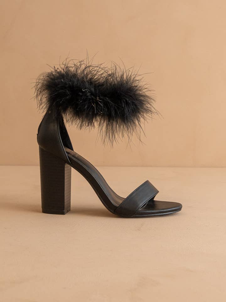 The Sasha Black | Feathered Ankle Block Heel for wholesale by OASIS SOCIETY