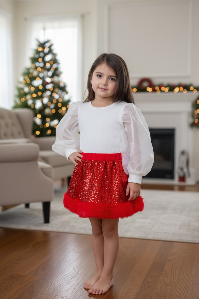 Kids Charm Online - Wholesale Skirt - Kids - Red sequins skirt with faux fur trim. DRG53536 SOL1