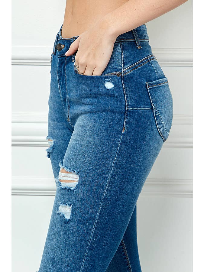 MED WASH Butt Lift Ripped Skinny Jeans for wholesale on Faire