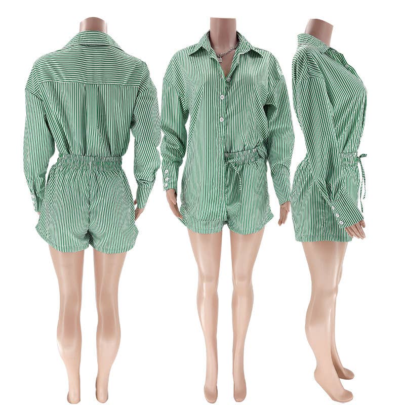 Rosa Clothing - Wholesale Top & Short Set (NOT Loungewear) - Women's - classic striped long sleeve shirt & short set holiday dressy1
