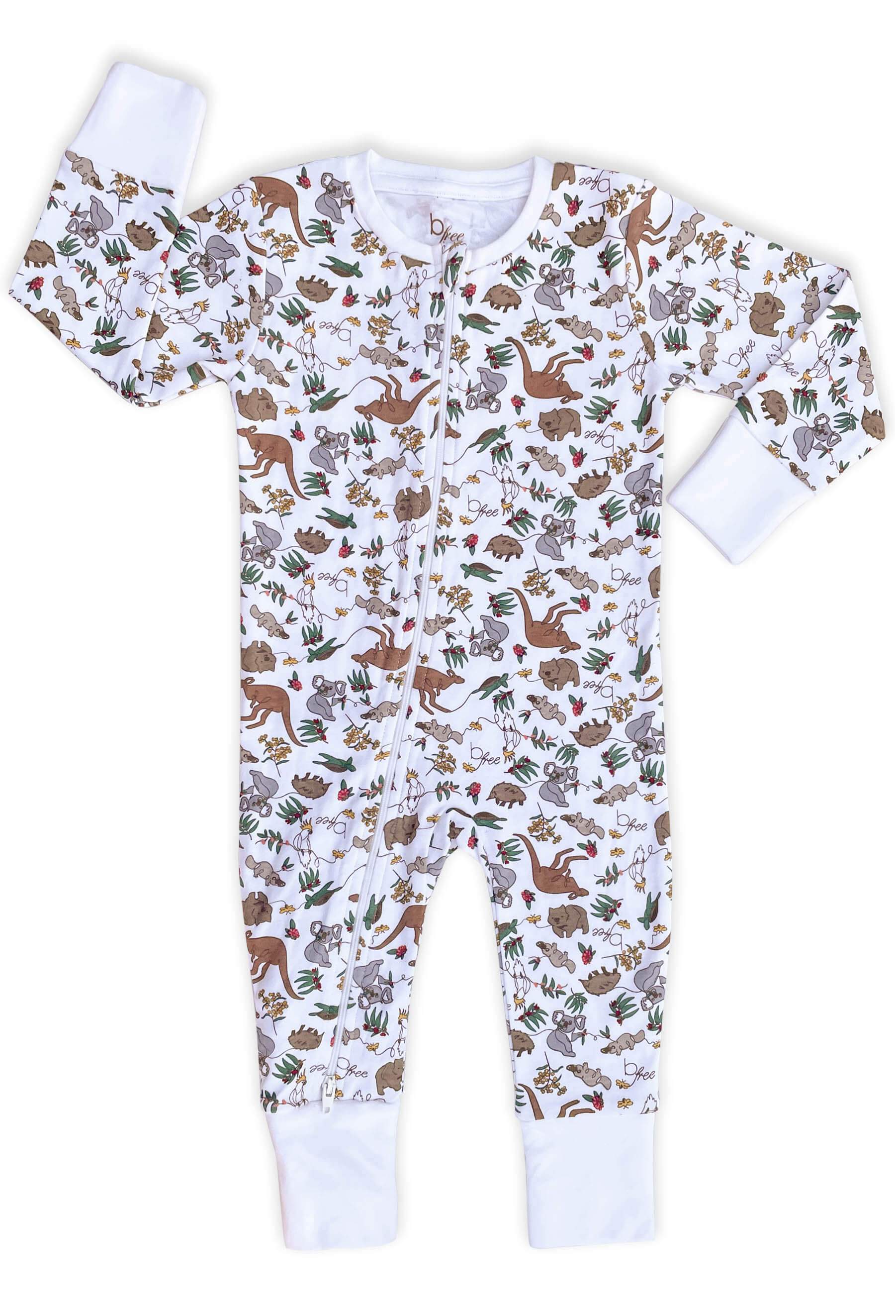 2-Way Zip Baby Sleepsuit with Foldable Mitts - 100% Organic Cotton - Native Aussie Animals for wholesale on Faire1