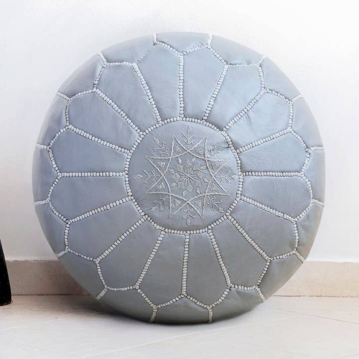 Moroccan Unstuffed Ottoman leather pouf / grey for wholesale by MARRAKECH METACRAFT LTD
