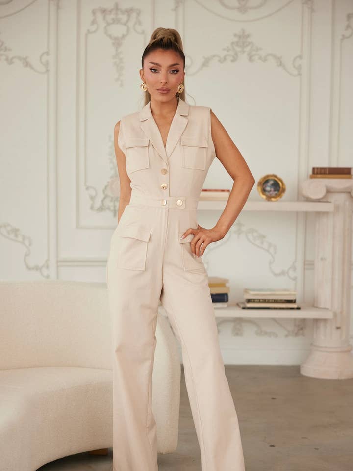 NATURAL BUTTON POINT WOVEVN JUMPSUIT for wholesale on Faire