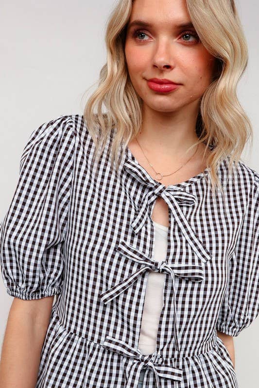 NOIR/BLANC Haut à manches courtes vichy babydoll à ruban en vente sur Faire1