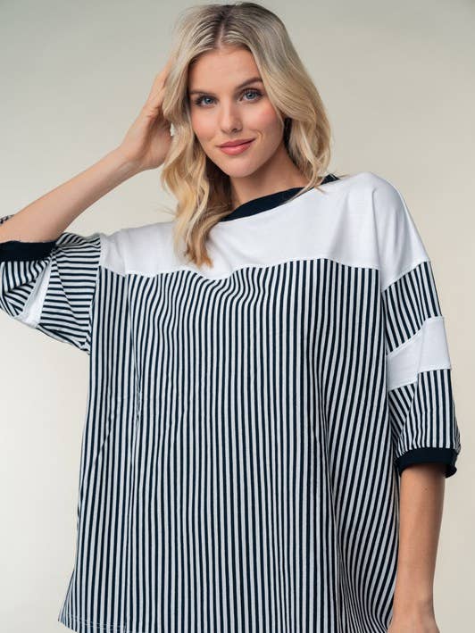 Black T25111 Short Sleeve Striped Knit Top for wholesale on Faire0