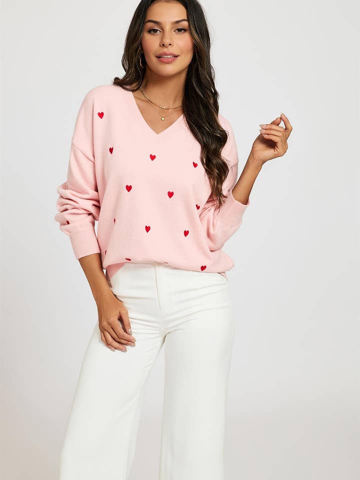 Borduursel Rood Hart V-hals Trui In Melkroze voor wholesale door FS Collection