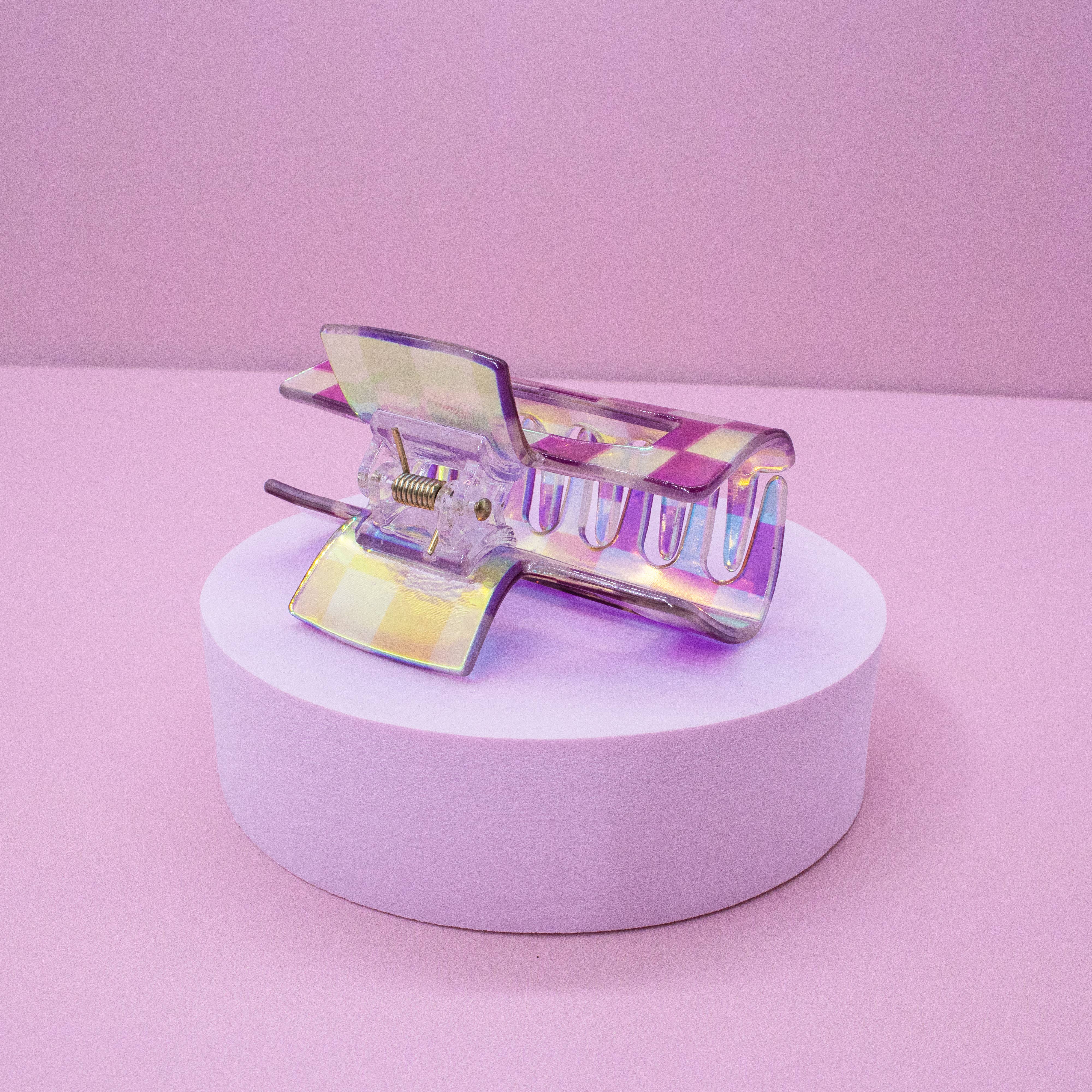 Frog Sac - Wholesale Hair Clip - Women's - Medium Square Iridescent Checkered Hair Claw Clip17