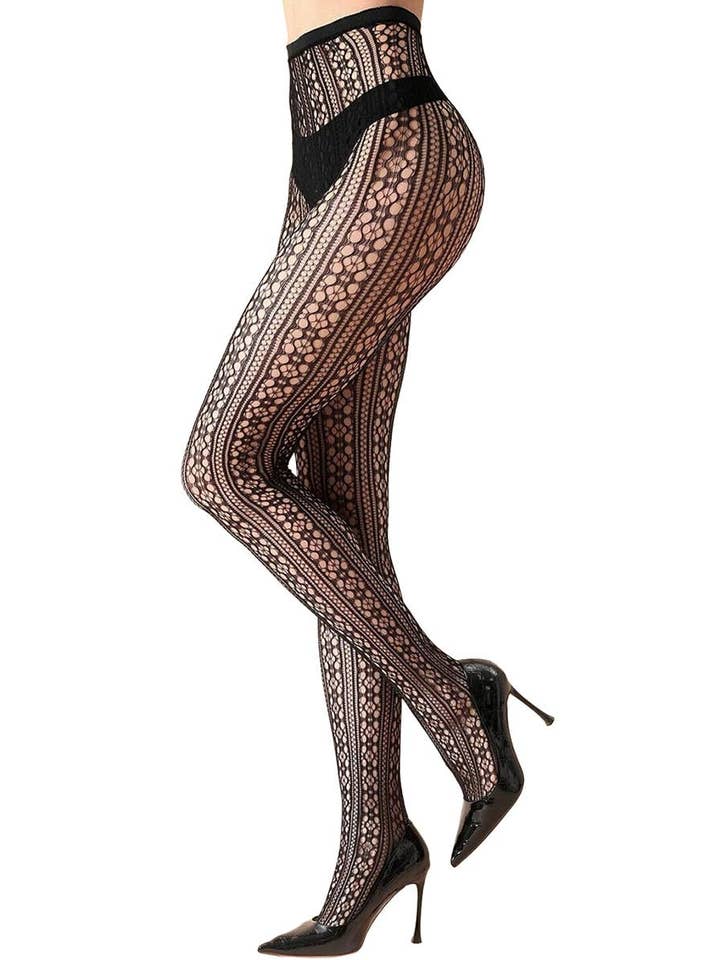 BLACK High Rise French Cut Floral Lace Net Sheer Tight Pantyhose for wholesale on Faire