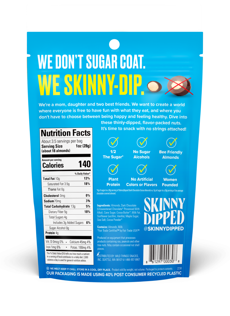 SkinnyDipped - Wholesale Chocolate Covered Sweets - Dark Chocolate Cocoa Almonds Pouch, 3.5oz1