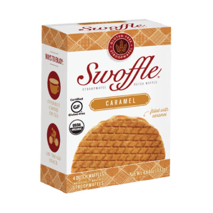 Boîte de 4 gaufres originales Swoffle garnies de caramel pour la vente par Swoffle