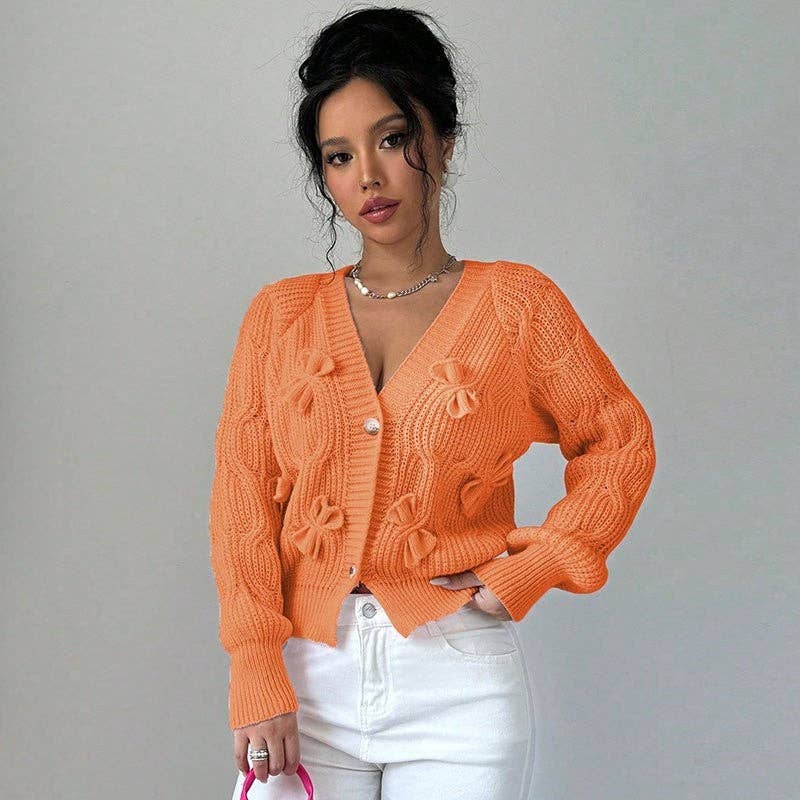 Plush Looks – wholesale Kofta - Dam – Enfärgad långärmad kofttröja med rosettdekor1