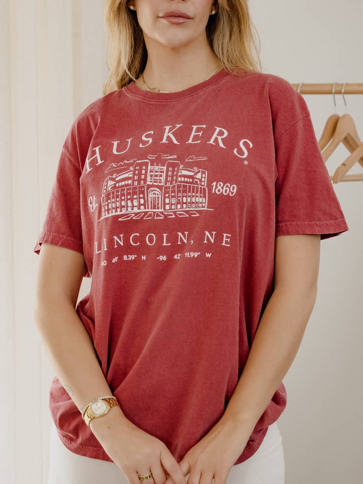 Nebraska Huskers Stadium Coordinates Red Comfort Colors Tee for wholesale by LivyLu