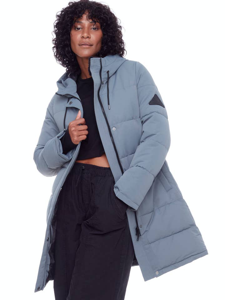 AULAVIK | WOMEN'S VEGAN DOWN (RECYCLED) MID-LENGTH HOODED PARKA COAT, SLATE for wholesale by Alpine North CA